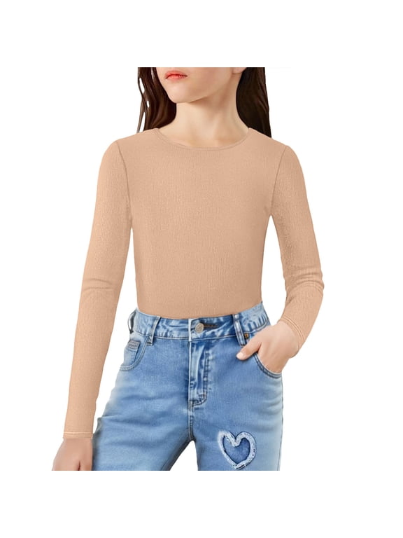 Girls Fleece Lined Long Sleeve T-Shirt Ribbed Stretch Warm Top For Kids