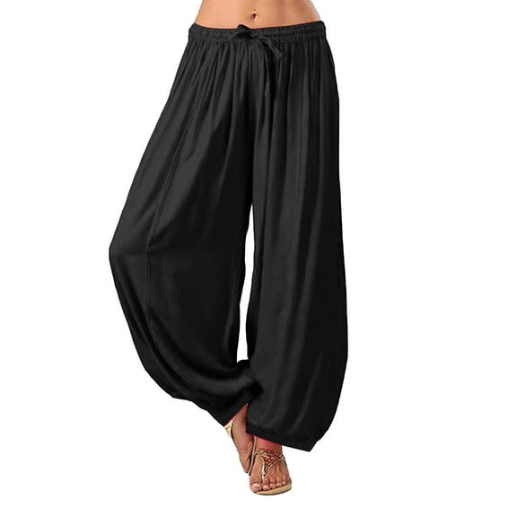 Yuanlook Harem Pants for Women,Baggy Wide Leg Casual Palazzo Elastic Waisted Lantern Pants with Pockets - Black - M