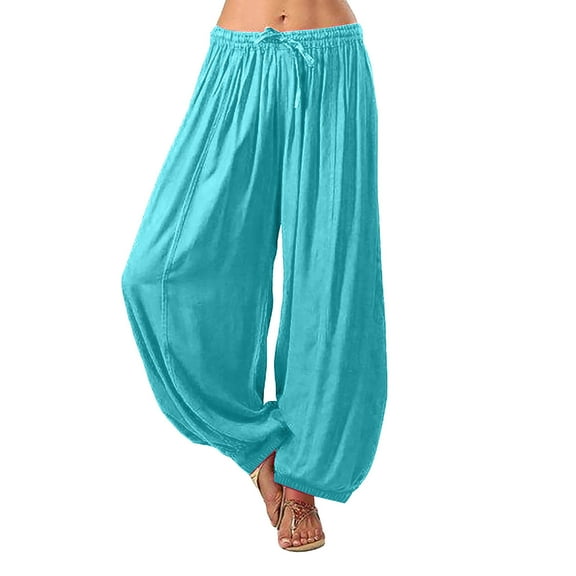 Yuanlook Harem Pants for Women,Baggy Wide Leg Casual Palazzo Elastic Waisted Lantern Pants with Pockets - Blue - S