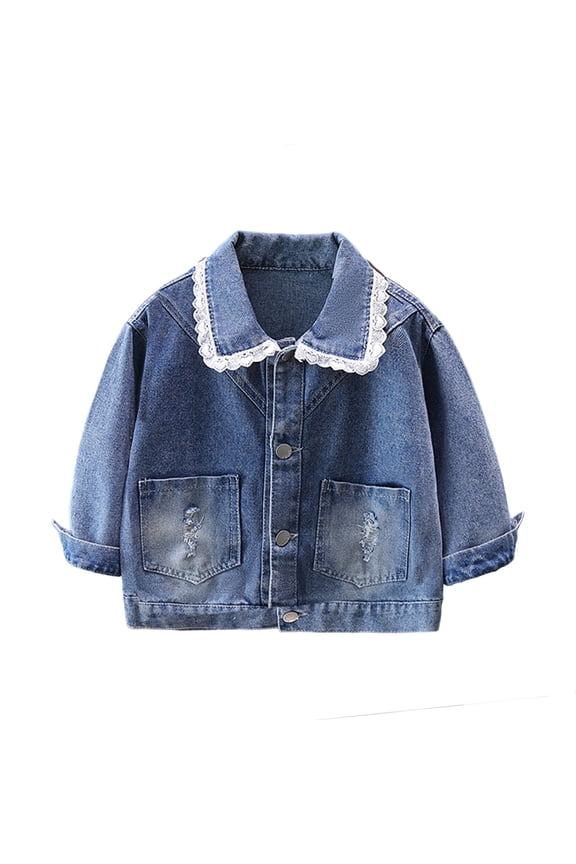 Kids Girls Eyelet Lace Collar Long Sleeve Denim Jacket Chest Pockets Button Front Coat For Kids