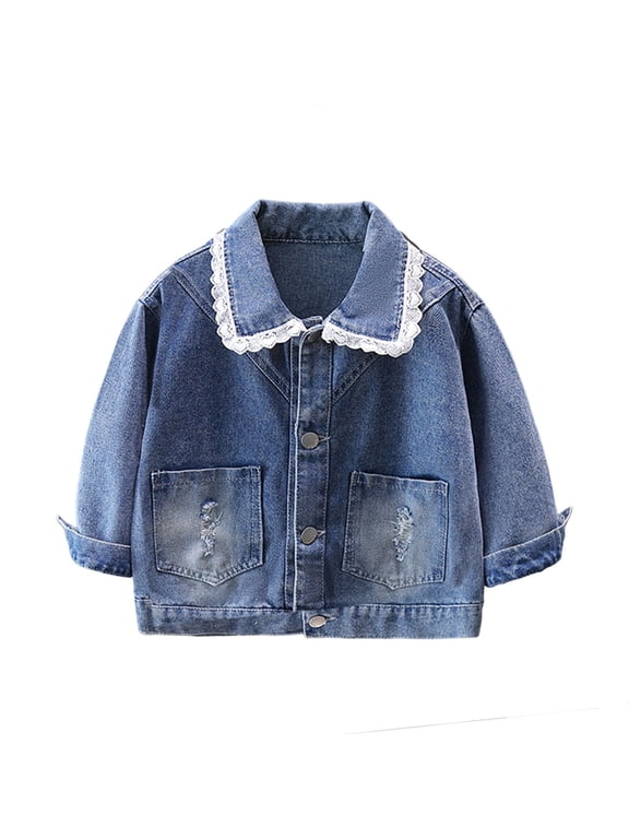 Kids Girls Eyelet Lace Collar Long Sleeve Denim Jacket Chest Pockets Button Front Coat For Kids