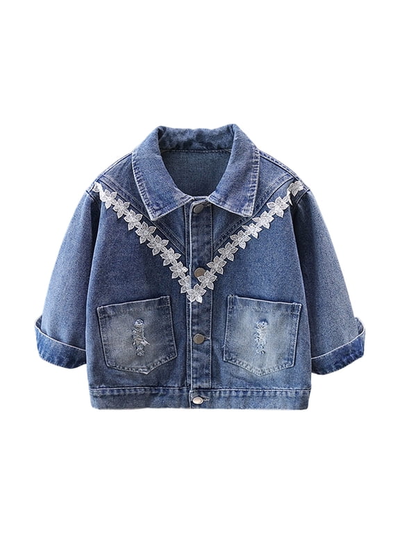 Kids Girls Long Sleeve Denim Jacket Lace Floral Collar V Shape Eyelet Scalloped Edge Pocket Button Front Coat For Kids