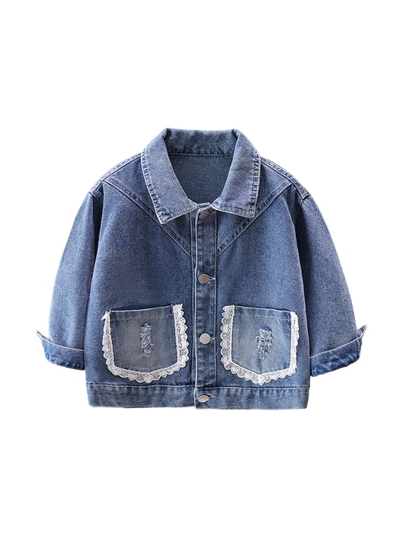 Kids Girls Long Sleeve Denim Jacket Lace Scalloped Pocket Edges Distressed Button Front Coat For Kids