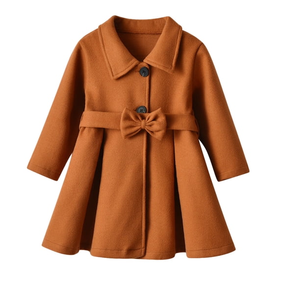 Yuanlook Kids Girls Long Sleeve Woolen Lapel Bow Tie Classic Elegant Winter Warm Coat For Kids