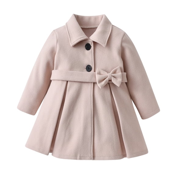 Yuanlook Kids Girls Long Sleeve Woolen Lapel Bow Tie Classic Elegant Winter Warm Coat For Kids