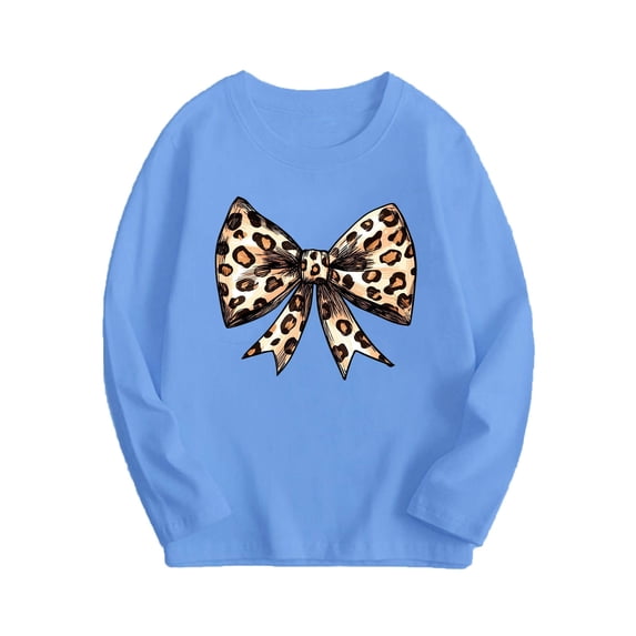 Yuanlook Kids Long Sleeve T-Shirt Leopard Print Bow Graphic Crewneck Casual Pullover Top For Boys Girls