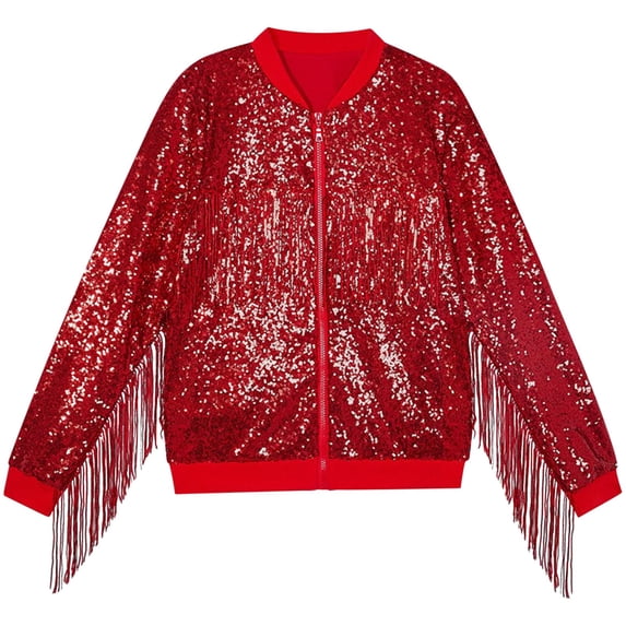 Yuanlook Kids Long Sleeve Zip Up Fringe Sequin Casual Jacket Coat For Kids