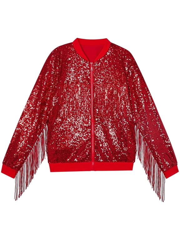 Kids Long Sleeve Zip Up Fringe Sequin Casual Jacket Coat For Kids