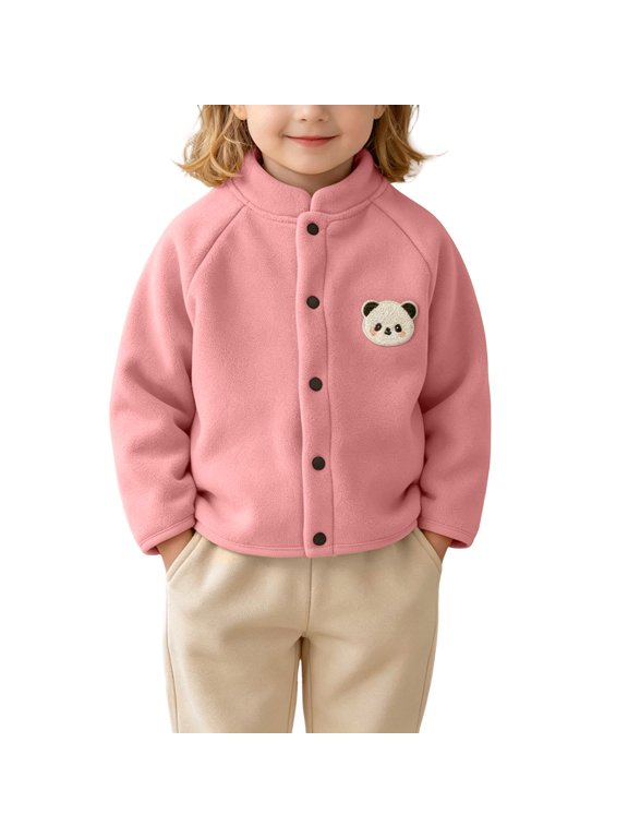 Kids Unisex Thickened Fleece Zip Up Cardigan Cute Panda Embroidered Solid Color Coat For Kids