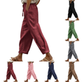 thumbnail image 1 of Yuanlook Ladies High Waist Linen Cotton Jogger Pants, Adjustable Drawstring Waist Functional Side Pockets Cuffed Cropped Loose Resort Trousers S-XXXL, 1 of 9