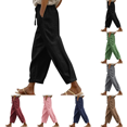 thumbnail image 1 of Yuanlook Ladies High Waist Linen Cotton Jogger Pants, Adjustable Drawstring Waist Functional Side Pockets Cuffed Cropped Loose Resort Trousers S-XXXL, 1 of 9