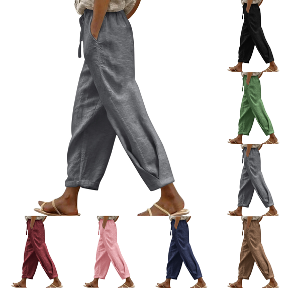 Yuanlook Ladies High Waist Linen Cotton Jogger Pants, Adjustable Drawstring Waist Functional Side Pockets Cuffed Cropped Loose Resort Trousers S-XXXL
