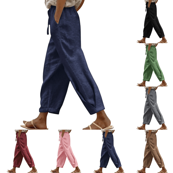 Yuanlook Ladies High Waist Linen Cotton Jogger Pants, Adjustable Drawstring Waist Functional Side Pockets Cuffed Cropped Loose Resort Trousers S-XXXL