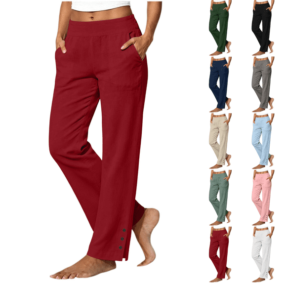 Yuanlook Ladies Relaxed Straight‑Leg Linen Blend Trousers, High Stretch Elastic Waist Functional Side Pockets Button‑Accent Split Ankle Hem Casual Pants S‑XXL