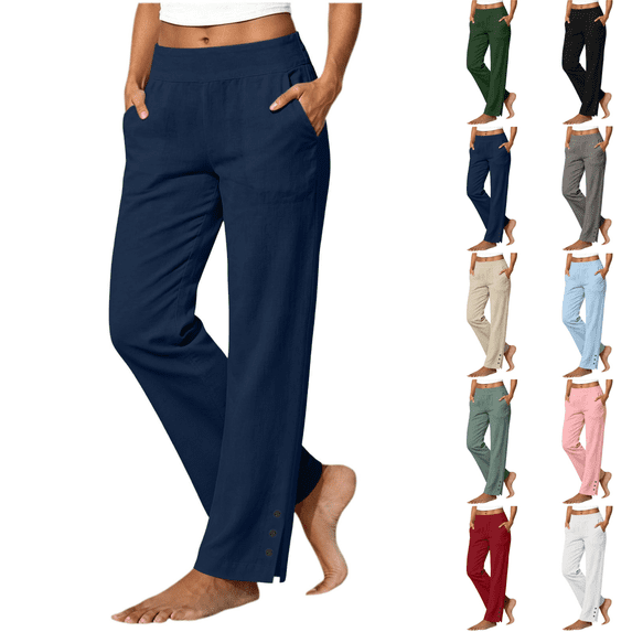 Yuanlook Ladies Relaxed Straight‑Leg Linen Blend Trousers, High Stretch Elastic Waist Functional Side Pockets Button‑Accent Split Ankle Hem Casual Pants S‑XXL