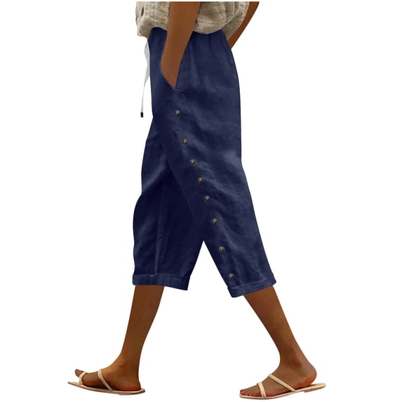 Yuanlook Linen Capri Pants for Women,Wide Leg Casual Loose Cropped Trousers Harem Pants with Pockets - Navy - L