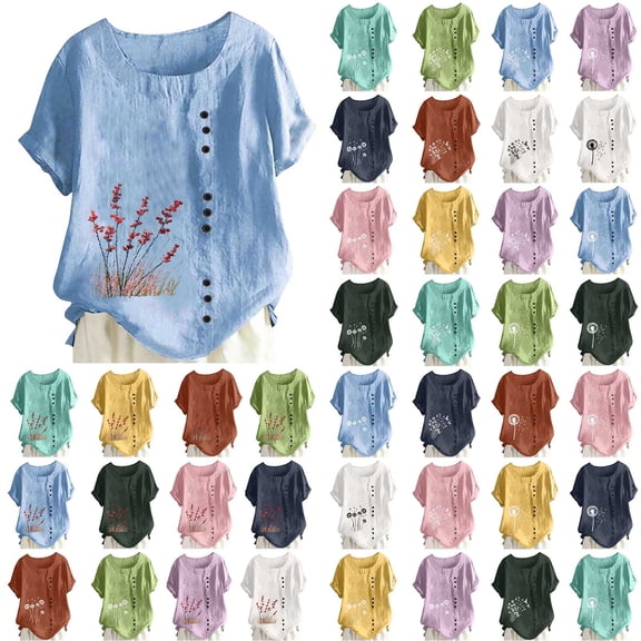 Yuanlook Linen Shirts for Women Crewneck Short Sleeve Summer Tops Button Down Floral Print T-Shirt Lightweight Beach Vacation Blouse S-XXL