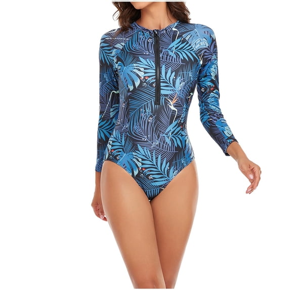 Yuanlook Long Sleeve Swimsuits Rash Guard for Women One Piece Full Coverage Surfing Bathing Suit Swimwear,Blue,M