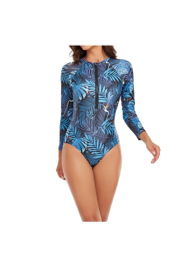 Long Sleeve Swimsuits Rash Guard for Women One Piece Full Coverage Surfing Bathing Suit Swimwear,Blue,S