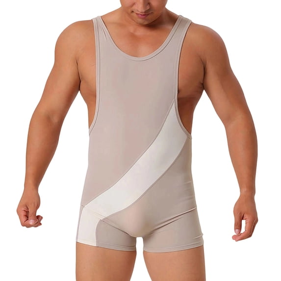 Yuanlook Men Swimsuit for Men,One Piece Tight Slimming Fitting Bodysuit Bathing Suit Tummy Control Swimwear for Beach Vacation Poolside - Khaki - XL