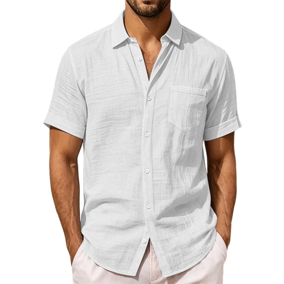 Yuanlook Men's Basic Fine Grid Short Sleeve Button Shirt, Point Collar Single Pocket Versatile All Match Travel Casual Blouse S-XXXL