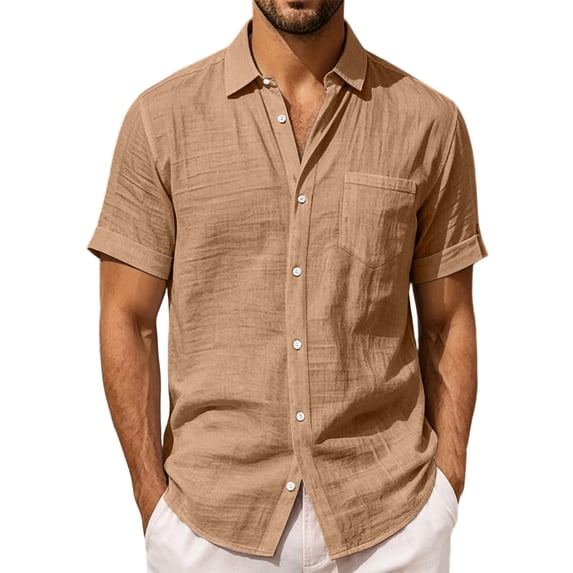Yuanlook Men's Basic Fine Grid Short Sleeve Button Shirt, Point Collar Single Pocket Versatile All Match Travel Casual Blouse S-XXXL