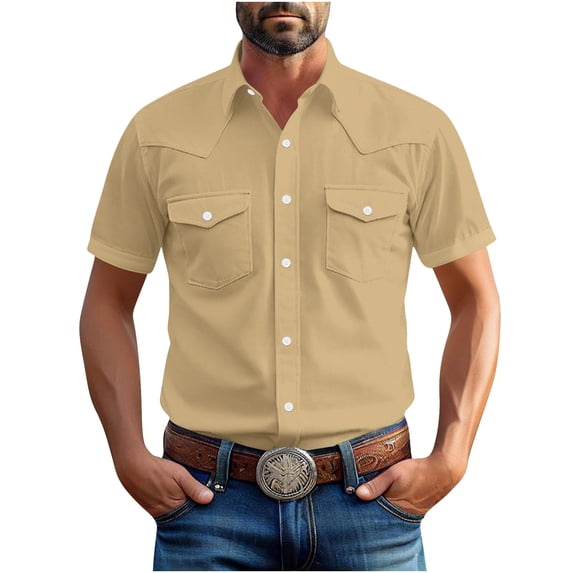 Yuanlook Men's Basic Western Cowboy Short Sleeve Snap Front Shirt, Stretch Comfort Dual Chest Pocket Collared Top for All-Day Country Daily Wear, S-5XL