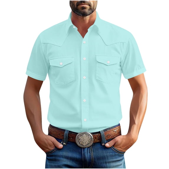 Yuanlook Men's Basic Western Cowboy Short Sleeve Snap Front Shirt, Stretch Comfort Dual Chest Pocket Collared Top for All-Day Country Daily Wear, S-5XL