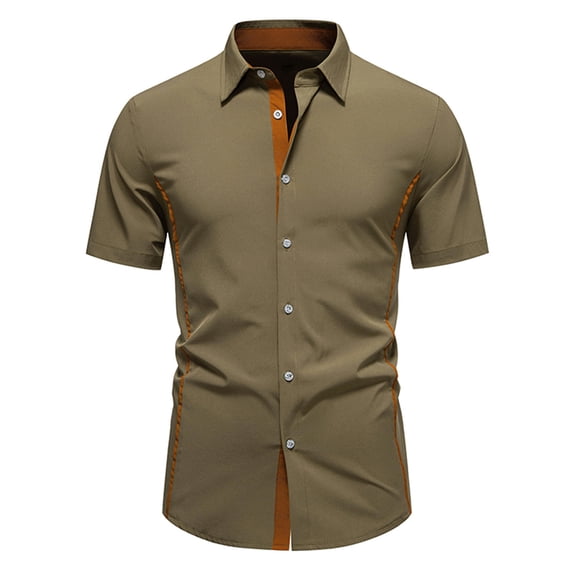Yuanlook Men's Contrast Piping Lapel Short Sleeve Button Up Shirt, Slim Fit Business Casual Shirt, S-XXL