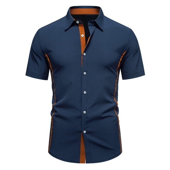 Yuanlook Men's Contrast Piping Lapel Short Sleeve Button Up Shirt, Slim Fit Business Casual Shirt, S-XXL
