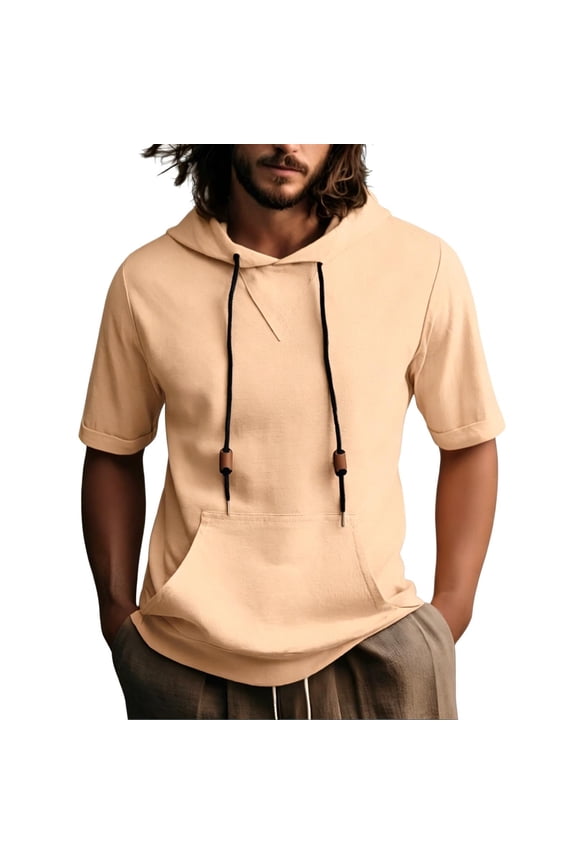 Men's Cotton Short Sleeve Hooded Top, Front Kangaroo Pocket Drawstring Loose Fit Casual Hoodie for Vacation & Daily Street Matching S-XXXL