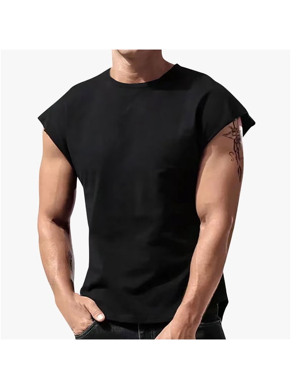 Men's Crew Neck Cap Sleeve Cut Off Muscle Tank Top, Loose Fit Casual Workout Sleeveless Vest, S-XXXL
