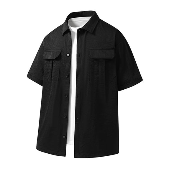 Yuanlook Men's Double Chest Flap Pockets Short Sleeve Cargo Button Down Shirt, Loose Fit Outdoor Workwear Casual Overshirt, M-4XL