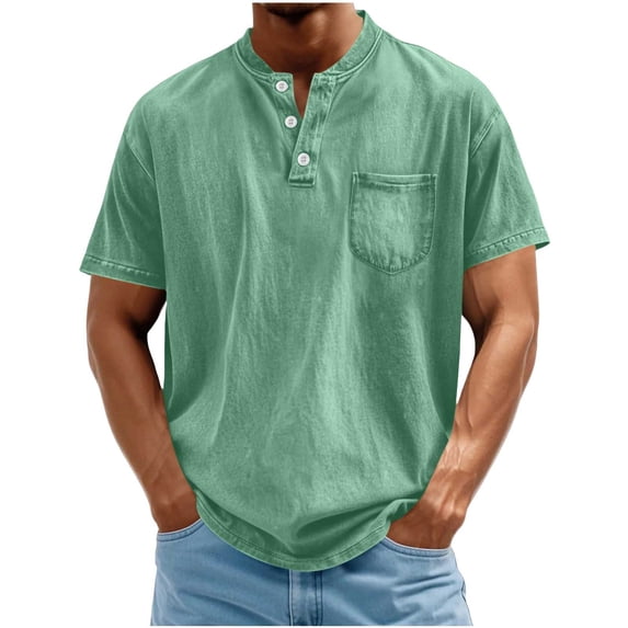 Yuanlook Men's Everyday Vintage Henley Shirt, Ultra-Soft Washed Fabric with Mandarin Collar & Pocket, S-XXL