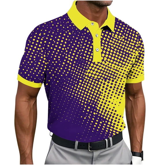 Yuanlook Men's Gradient Dot Block Collar Short Sleeve Collared Top, Quick Dry Athletic Shirt for Golf Field Training & Daily Casual Matching S-5XL