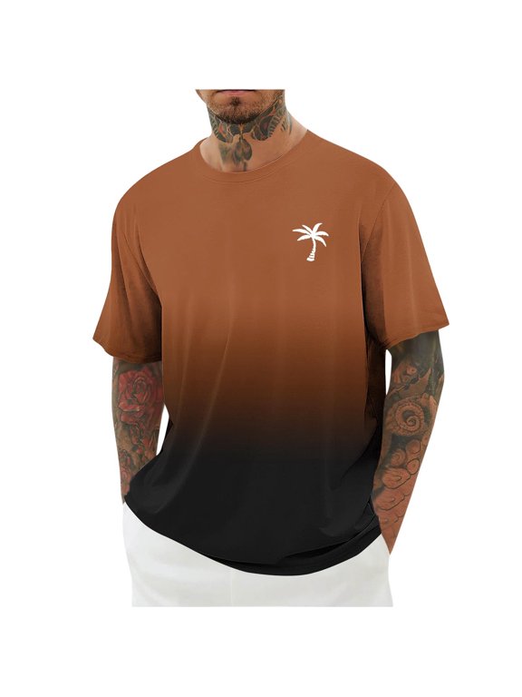 Men's Gradient Dye Short Sleeve T-Shirt, Small Tropical Tree Silhouette Chest Logo Wrinkle Resistant Soft Vacation Blouse S-5XL