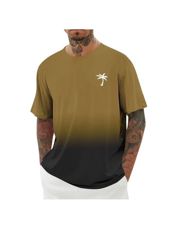 Men's Gradient Dye Short Sleeve T-Shirt, Small Tropical Tree Silhouette Chest Logo Wrinkle Resistant Soft Vacation Blouse S-5XL