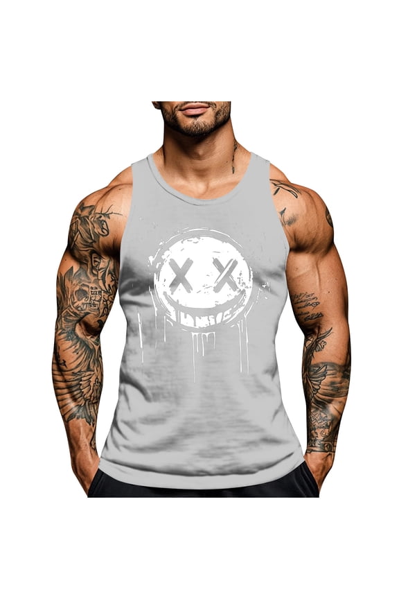 Men's Graffiti Drip Smiley Face Print Sleeveless Tank Top, Slim Fit Gym Workout Casual Vest, S-XXXXL