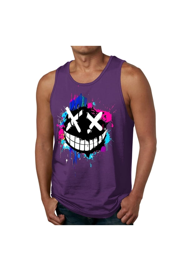 Men's Graffiti Smiley Face Graphic Tank Top, Casual Sleeveless Crew Neck Tee with Colorful Splash Art, S-4XL