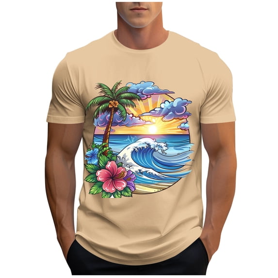 Yuanlook Men's Hawaiian Beach Palm Tree Wave Floral Graphic Crew Neck Short Sleeve T-Shirt, Soft Stretch Breathable Vacation Casual Basic Top M-XXXL