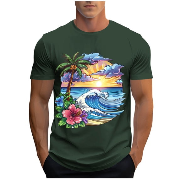 Yuanlook Men's Hawaiian Beach Palm Tree Wave Floral Graphic Crew Neck Short Sleeve T-Shirt, Soft Stretch Breathable Vacation Casual Basic Top M-XXXL