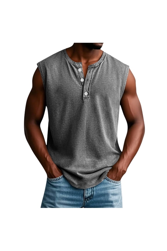 Men's Heather Textured Sleeveless Collared Pullover, Three Button Placket Wrinkle Resistant Lightweight Street Blouse M-XXXL