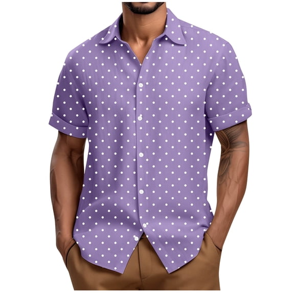 Yuanlook Men's Lapel Short Sleeve Button Down Shirt, All Over Mini Dot Print Cuffed Sleeve Loose Fit Daily Casual Top M-4XL