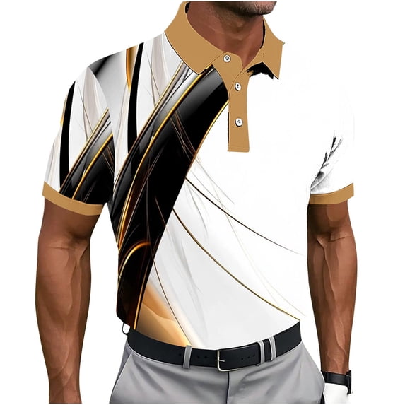 Yuanlook Men's Metallic Texture Curved Line Graphic Collared Short Sleeve Shirt, Moisture Wicking Lightweight Tee for Outdoor Activities & Weekend Outings S-5XL
