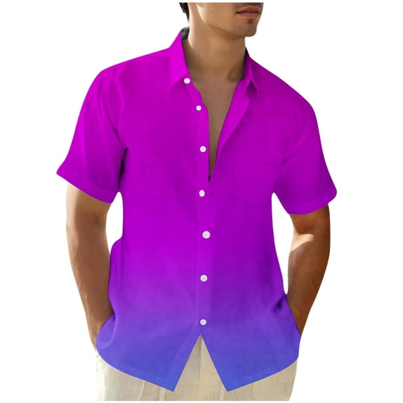 Yuanlook Men's Ombre Color Gradient Camp Collar Shirt, Full Button Front Loose Fit Casual Top, S-5XL