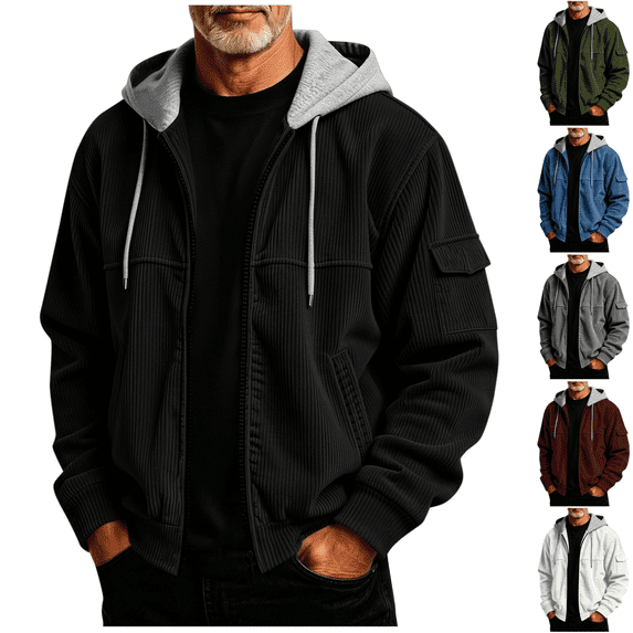 Yuanlook Men's Rib Corduroy Hooded Jacket, Contrast Lined Hood Relaxed Daily Outerwear S-XXXL