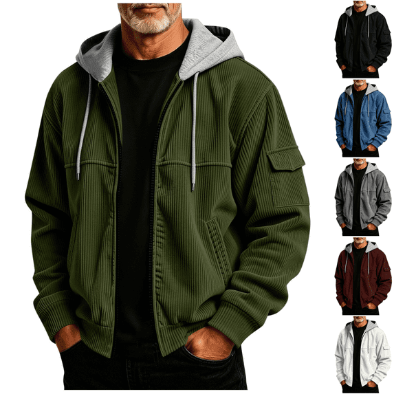 Yuanlook Men's Rib Corduroy Hooded Jacket, Contrast Lined Hood Relaxed Daily Outerwear S-XXXL