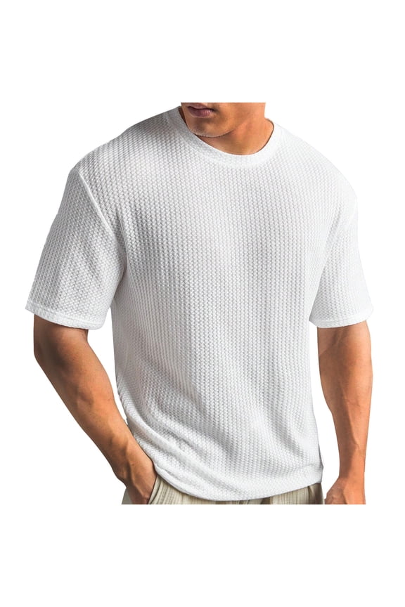 Men's Simple Solid Waffle Knit Short Sleeve Shirt, Urban Daily Multi-Match Casual Top, S-5XL