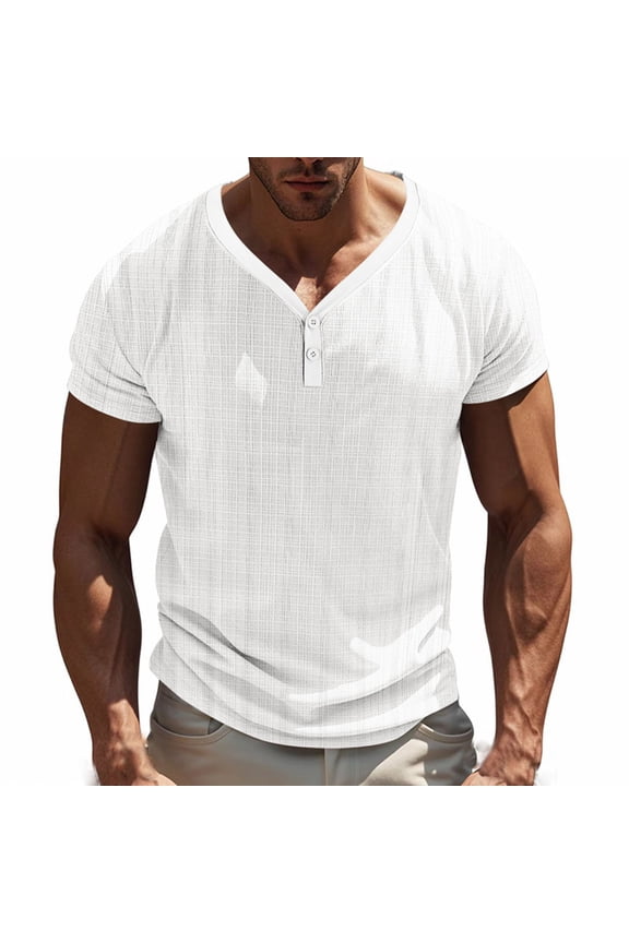 Men's Textured Grid Henley T-Shirt, Short Sleeve V-Neck with Button Placket, S-XXXL