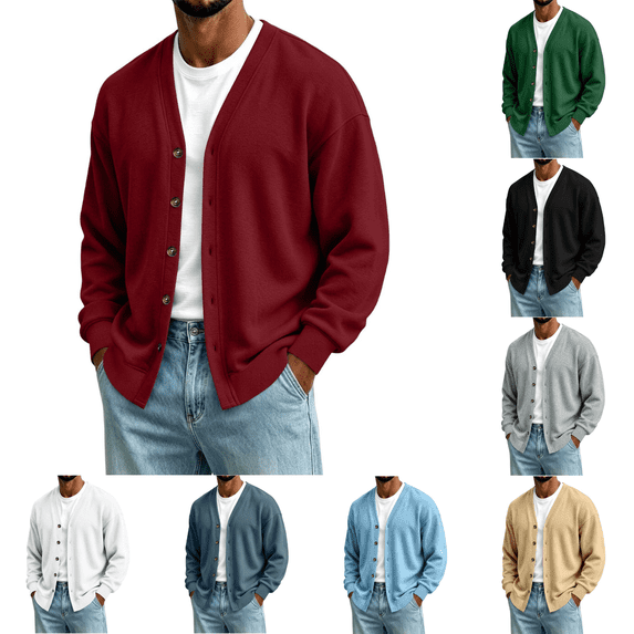 Yuanlook Men's V Neck Open Front Knit Cardigan, Long Sleeve Button Relaxed Everyday Outerwear S-XXXL